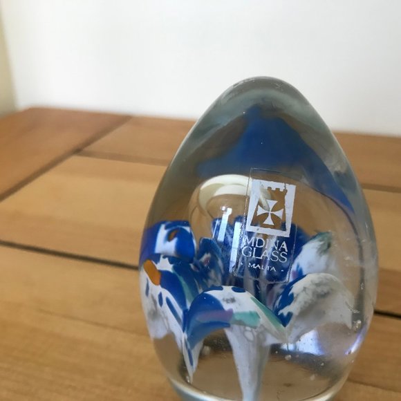Mdina Studio Art Glass Egg Paperweight Controlled Bubble Blue Flower Signed - Picture 5 of 12